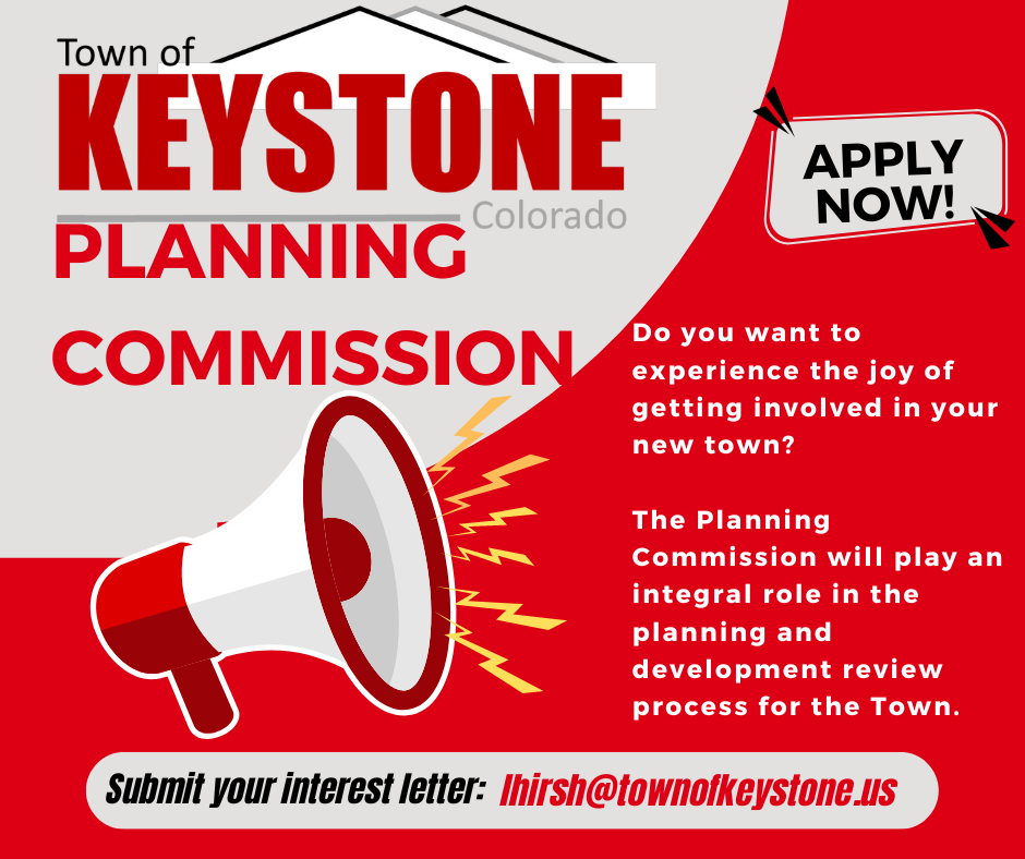 Flyer with red background and megaphone saying "Keystone Planning Commission".