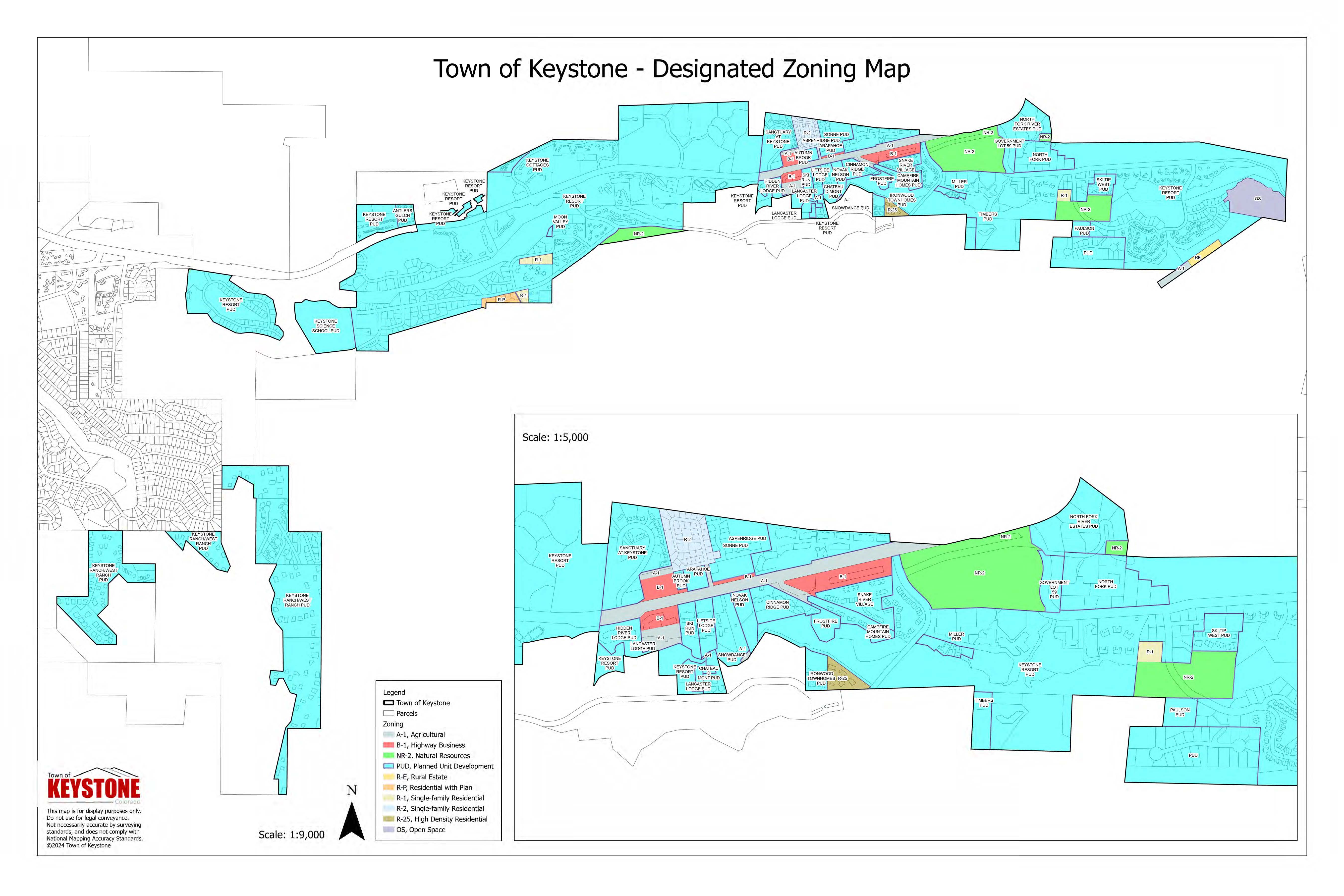 Map of the boundaries of the Town of Keystone split into several different zoning districts. 