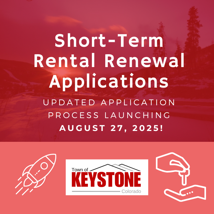 Text Reading "Short-Term Rental Renewal Applications: Updated Application Process Launching AUgust 27, 2025!" Image of rocket ship, town logo, and rental keys.
