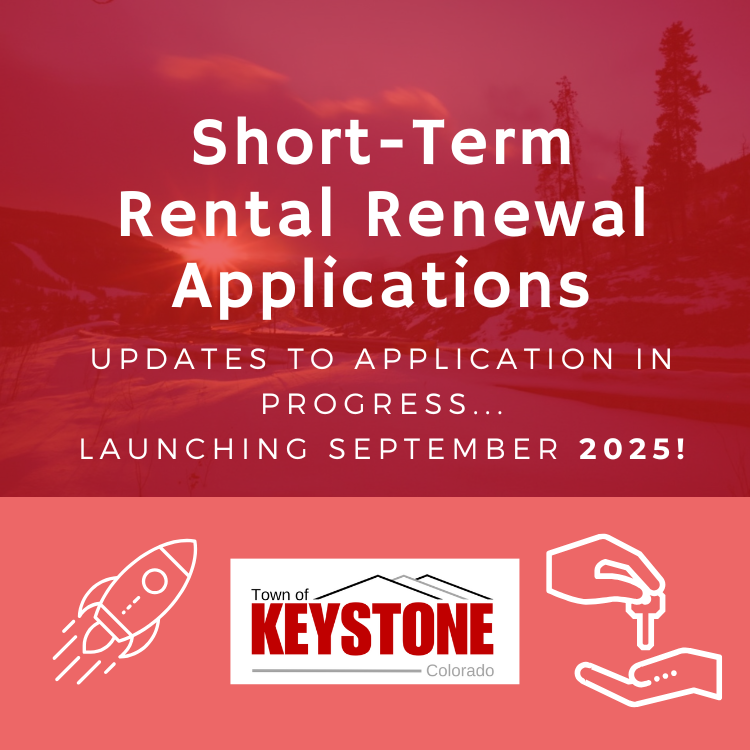 Text Reading "Short-Term Rental Renewal Applications: Updated Application Process Launching September 2025!" Image of rocket ship, town logo, and rental keys.
