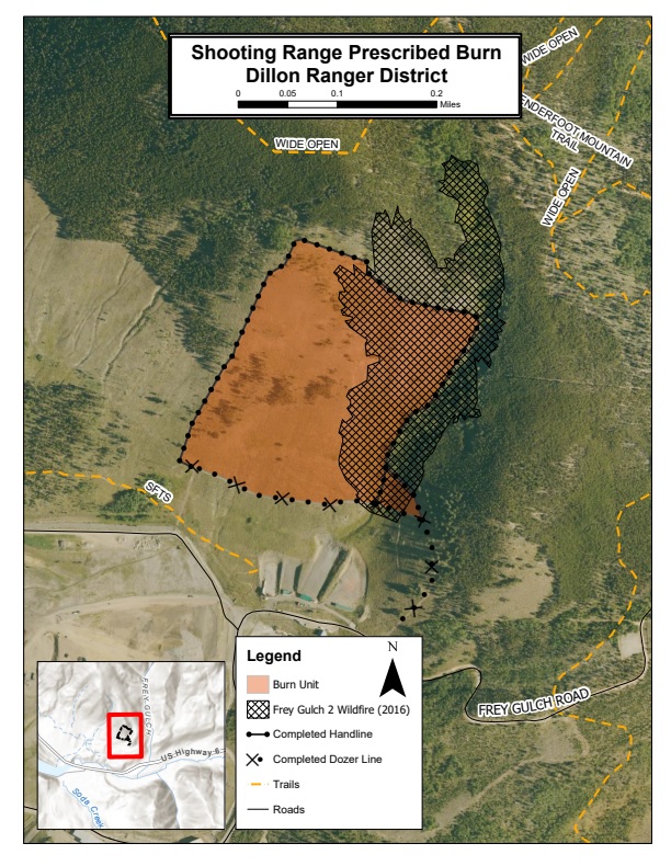 Map of the Summit County Shooting Range outlining the prescribed burn area in orange.