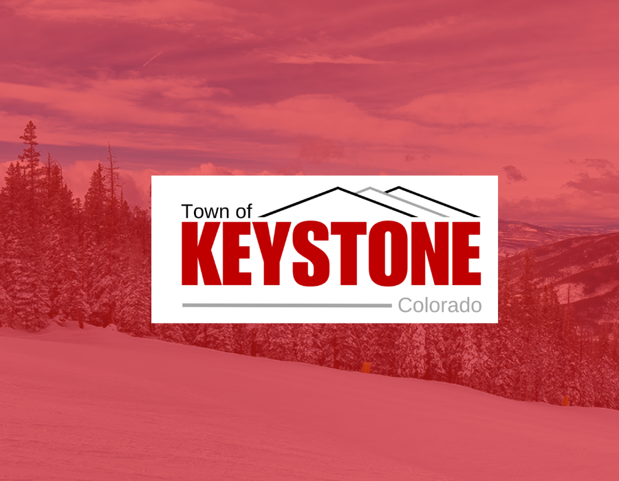 Mountain landscape with red overlay and Town of Keystone logo.